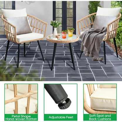 Patio Bistro Set, Outdoor Wicker Apartment Balcony Furniture Sets, Rattan Table and Chairs Set of 2 for Porch Backyard Lawn