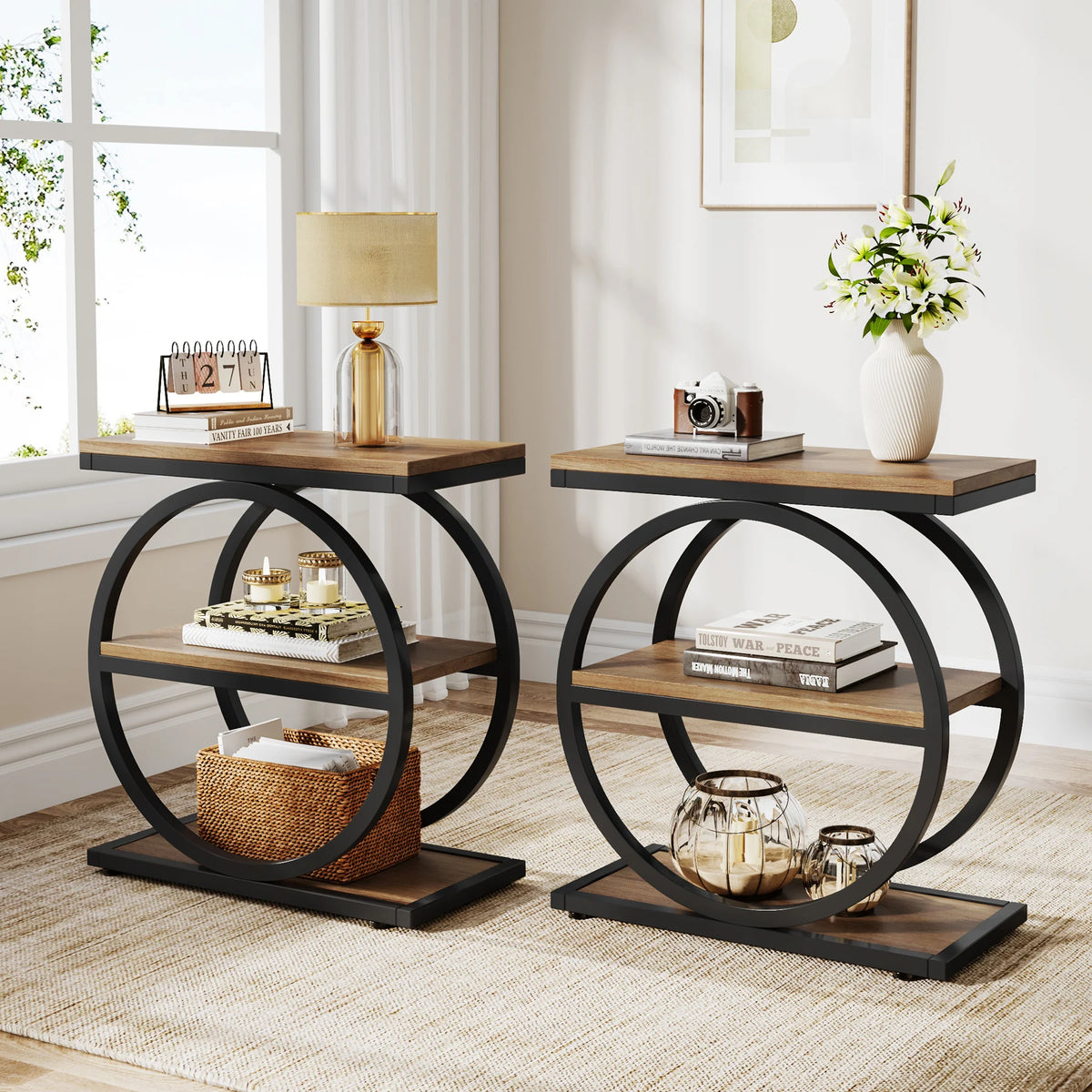 Tribesigns End Table, Narrow End Table with 3 Storage Shelves, Wood Side Table with Black Metal Frames, Industrial Sofa table