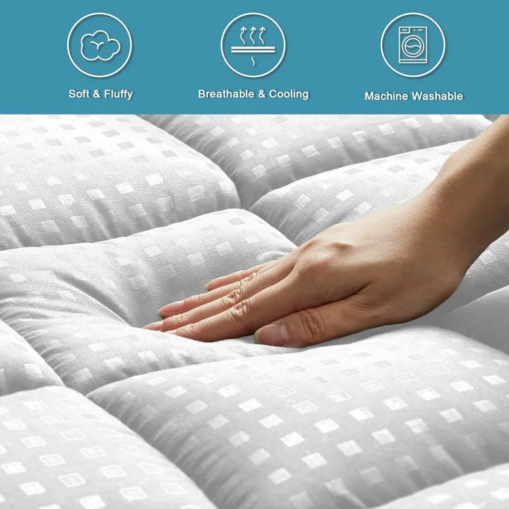 Quilted Cooling Pillow Top Mattress Protector with Breathable Fluffy Soft Cover for Queen Size Mattress