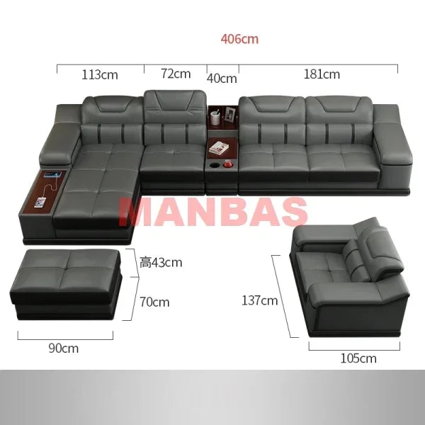 L-Shaped Modern Sectional Sofa Set with Chaise, Genuine Leather Reclining Couch with USB Charging Ports & Cup Holders, Couch Set