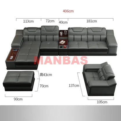 L-Shaped Modern Sectional Sofa Set with Chaise, Genuine Leather Reclining Couch with USB Charging Ports & Cup Holders, Couch Set