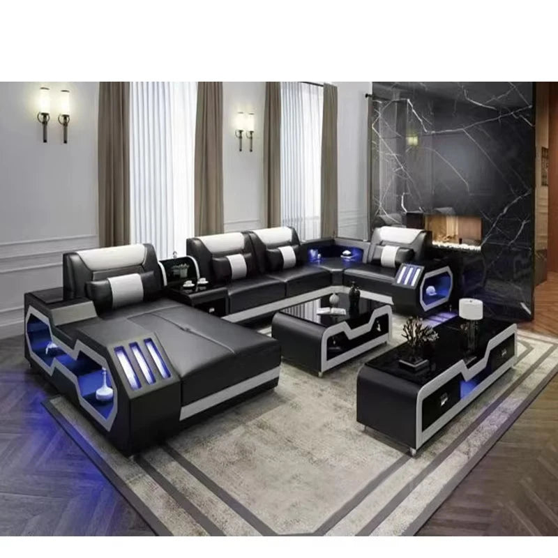 Modern Design Leather L Shape Sofa Set Living Room Home Furniture  Leather Sofa Set Usb Charge Sofa With Music Play