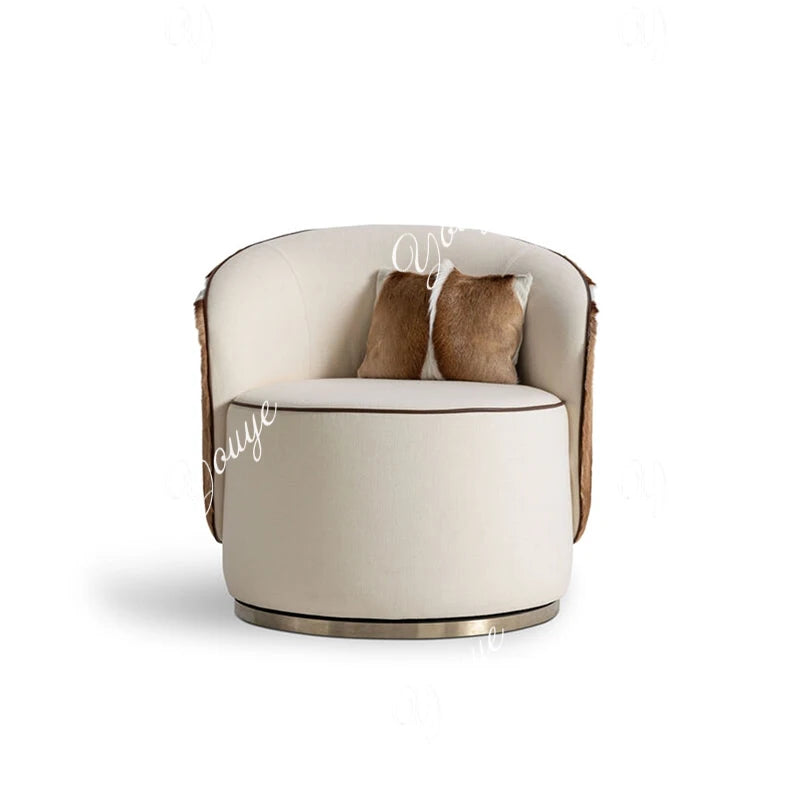Italian minimalist light luxury leather sofa chair living room home high-end horse fur backrest leisure chair stainless steel