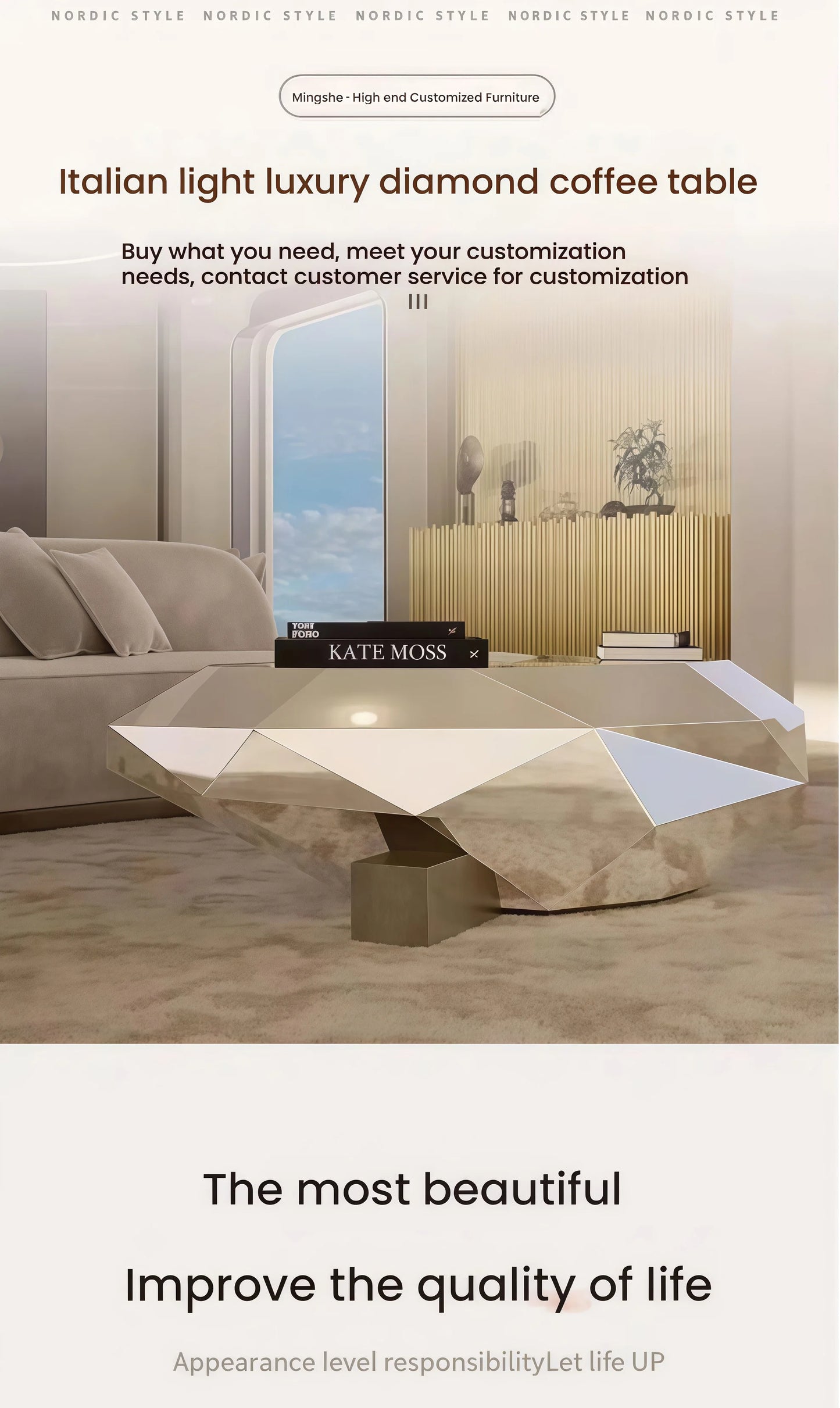 High-end art diamond-shaped coffee table post-modern stainless steel luxury living room furniture