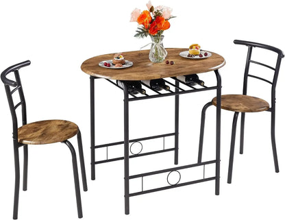 Premium 3 Piece Wood Round Table & Chair Set for Dining Room Kitchen Bar Breakfast, with Wine Storage Rack, Space Saving