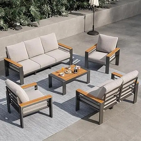 Aluminum Outdoor Patio Furniture Set, 7 Seats Outdoor Sectional with Coffee Table, Patio Conversation Sets with Upgraded Armrest
