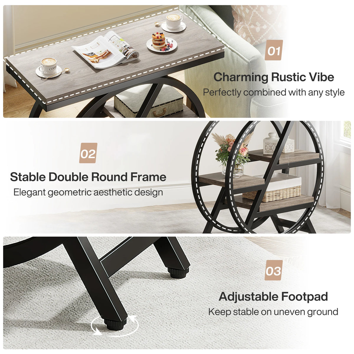 Tribesigns End Table for Living Room, 3-Tier Narrow Side Table with Storage, Wood Sofa Side Table with Geometric Metal Frame