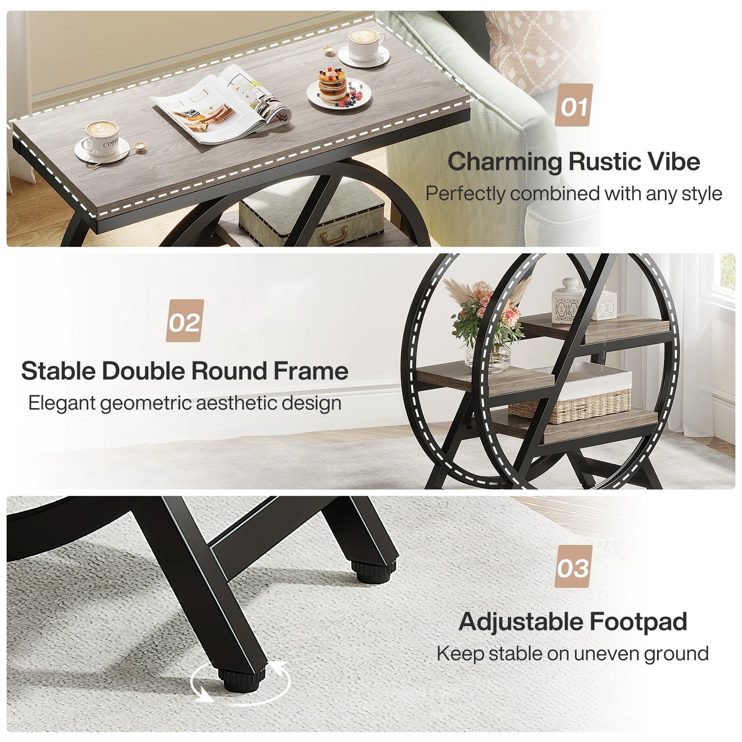 Tribesigns End Table for Living Room, 3-Tier Narrow Side Table with Storage, Wood Sofa Side Table with Geometric Metal Frame