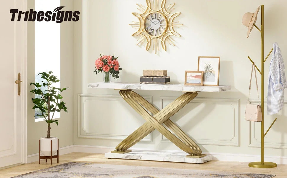 Tribesigns 55 Inch Modern Console Table, Faux Marble Gold Entryway Table Behind Sofa Couch, Narrow Rectangular Sofa Table