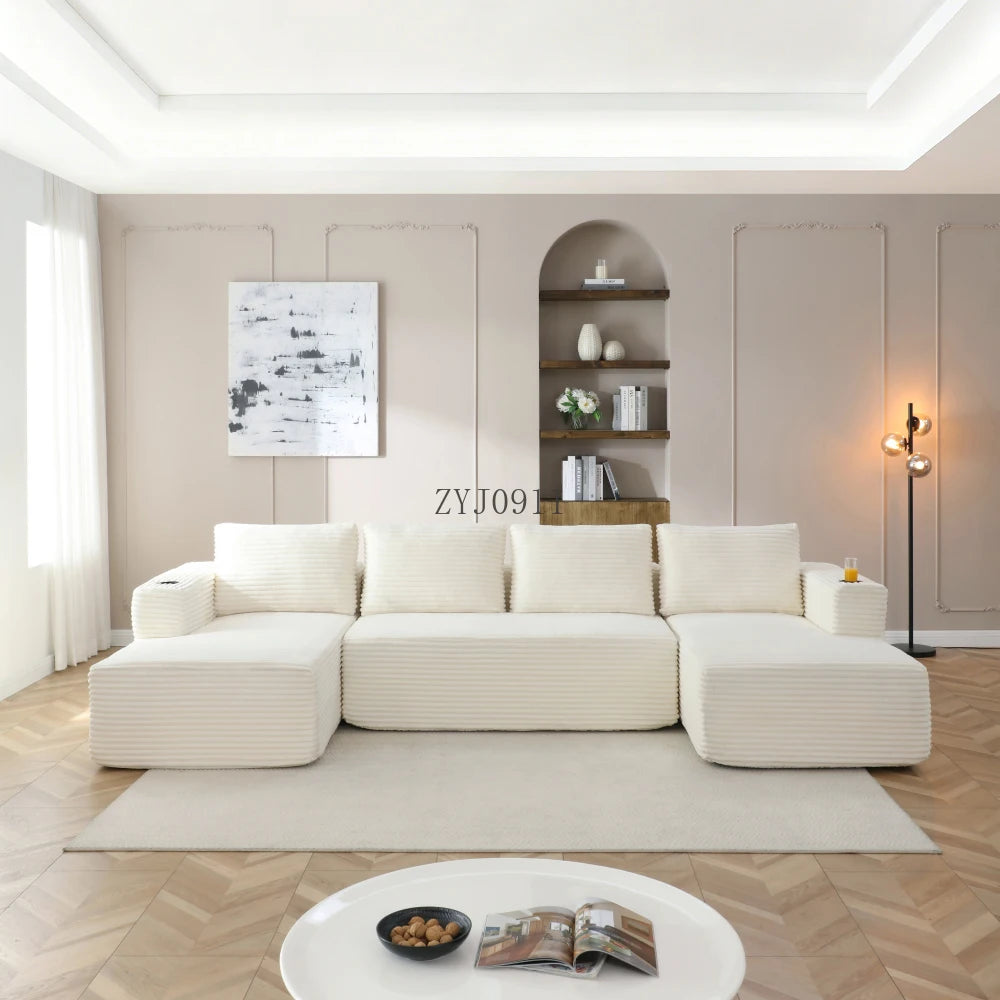 132-Inch boneless sofa, modern corduroy U-shaped modular section sofa, comfortable sofa with cup holder