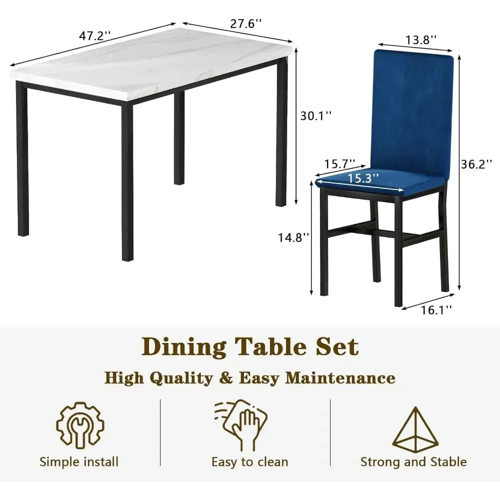 # Hot Sales Dining Table Set For 4- Space And Chairs For 4 Modern Style Faux Marble Tabletop & 4 Blue Velvet Chairs For Dining R