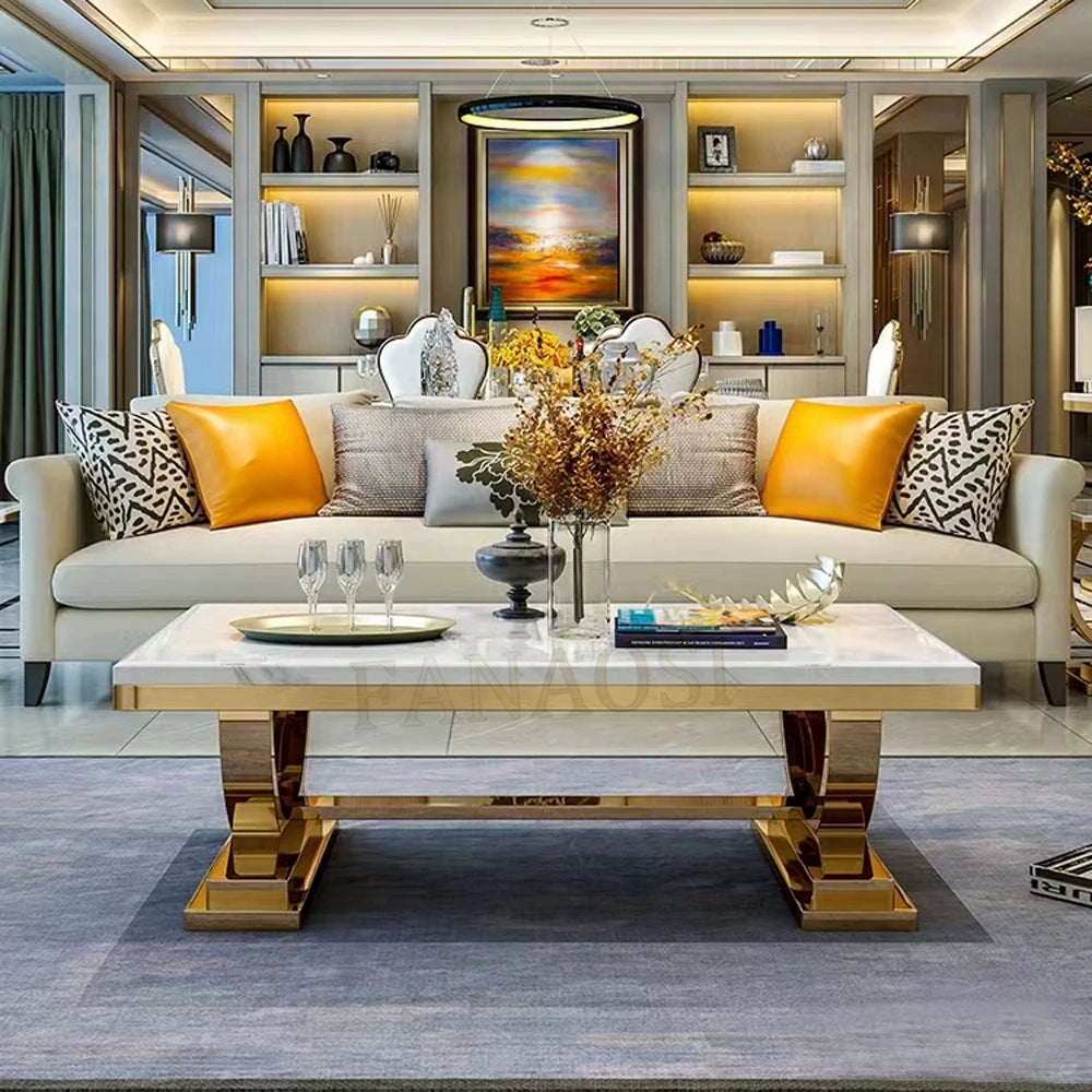 Light luxury marble coffee table stainless steel living room household gold square tea table