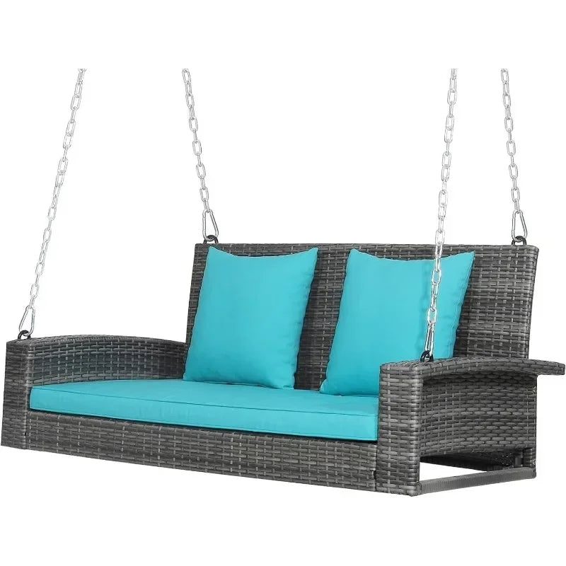 l Hanging Porch Swing, 2-Person Outdoor Wicker Swing Chair Bench With Cushions, Steel Chains For Garden, Backyard, Deck L