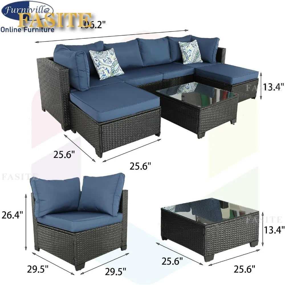 Garden Furniture 7 Pieces Set, Patio Furniture PE Wicker Sets with Washable Cushions Glas Coffee Table, Garden Furniture Set