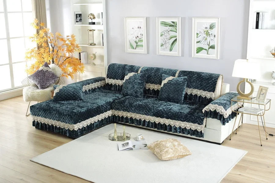Embroidery Lace Sofa Cushion Gold Velvet Hemline Sofa Cover Autumn Winter European Couch Cover Solid Color Checkered Sofa Mat