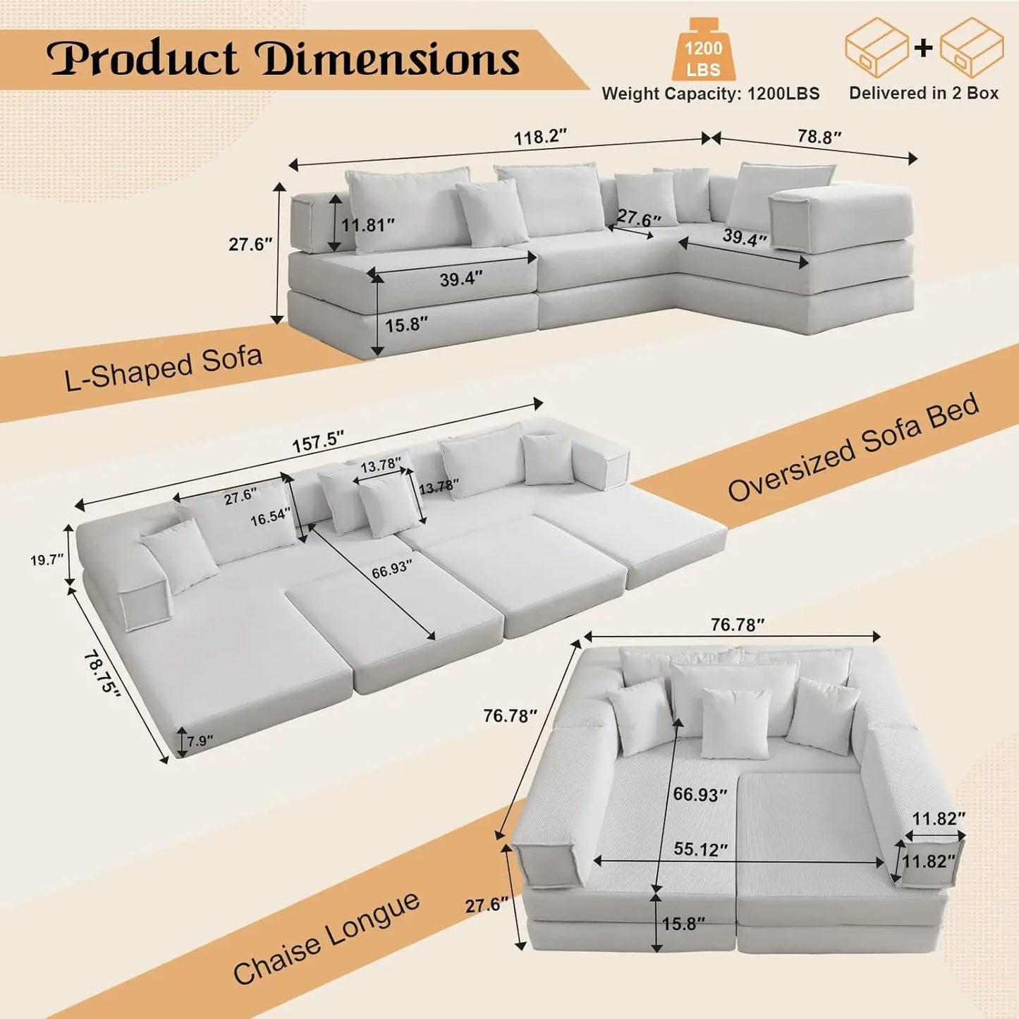 118" L Shaped Modular Sectional Cloud Couch, 6-in-1 Memory Foam Boneless Couch for Living Room, DIY Oversized Corduroy Sofa Bed