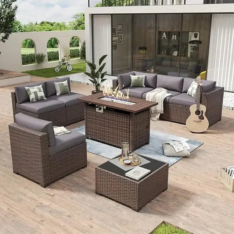 8 Piece Outdoor Patio Furniture Set with 44” Fire Pit Table, Rattan Wicker Sectional Sofa and Coffee Table with Thick Cushions