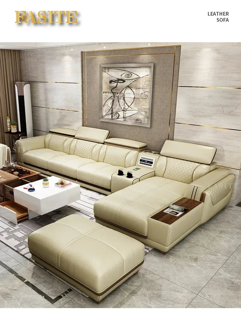 Italian leather sofa set, living room furniture, leather sofa with air purifier and Bluetooth speaker, Modernos Para Sala large