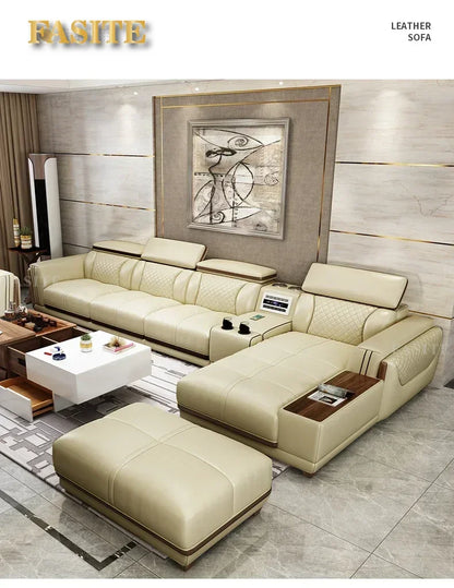 Italian leather sofa set, living room furniture, leather sofa with air purifier and Bluetooth speaker, Modernos Para Sala large