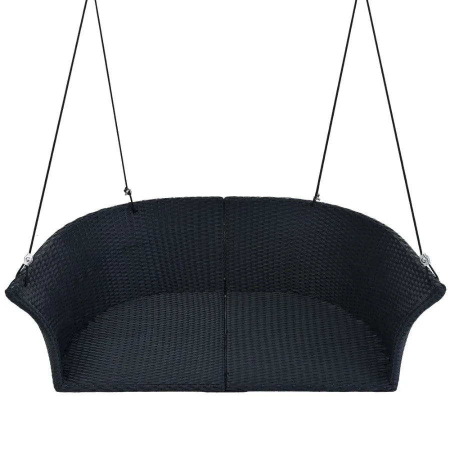 GO 51.9 2Person Hanging Seat Rattan Woven Swing Chair Porch Swing With Ropes Black Wicker And White Cushion