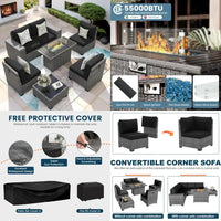 7-Piece Outdoor Patio Furniture Set with Fire Pit, Sectional Wicker Sofa and Coffee Table