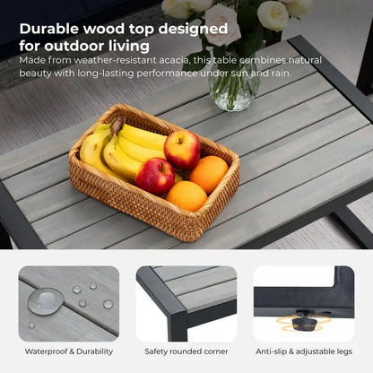 4-Piece Outdoor Patio Furniture Set for Balcony Garden Lawn, Gray Acacia Wood Table, Blue Cushions, Light Gray Rattan