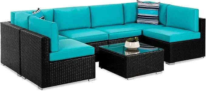 7-Piece Modular Outdoor Sectional Wicker Patio Conversation Set w/ 2 Pillows, Coffee Table, Cover Included - Black/Teal