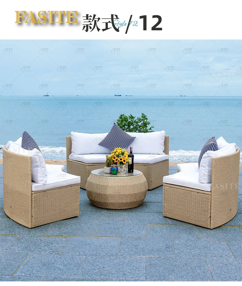 Sofa, courtyard, garden, leisure, outdoor living room, semi circular curved rattan chair, terrace, outdoor furniture combination