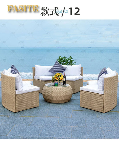 Sofa, courtyard, garden, leisure, outdoor living room, semi circular curved rattan chair, terrace, outdoor furniture combination