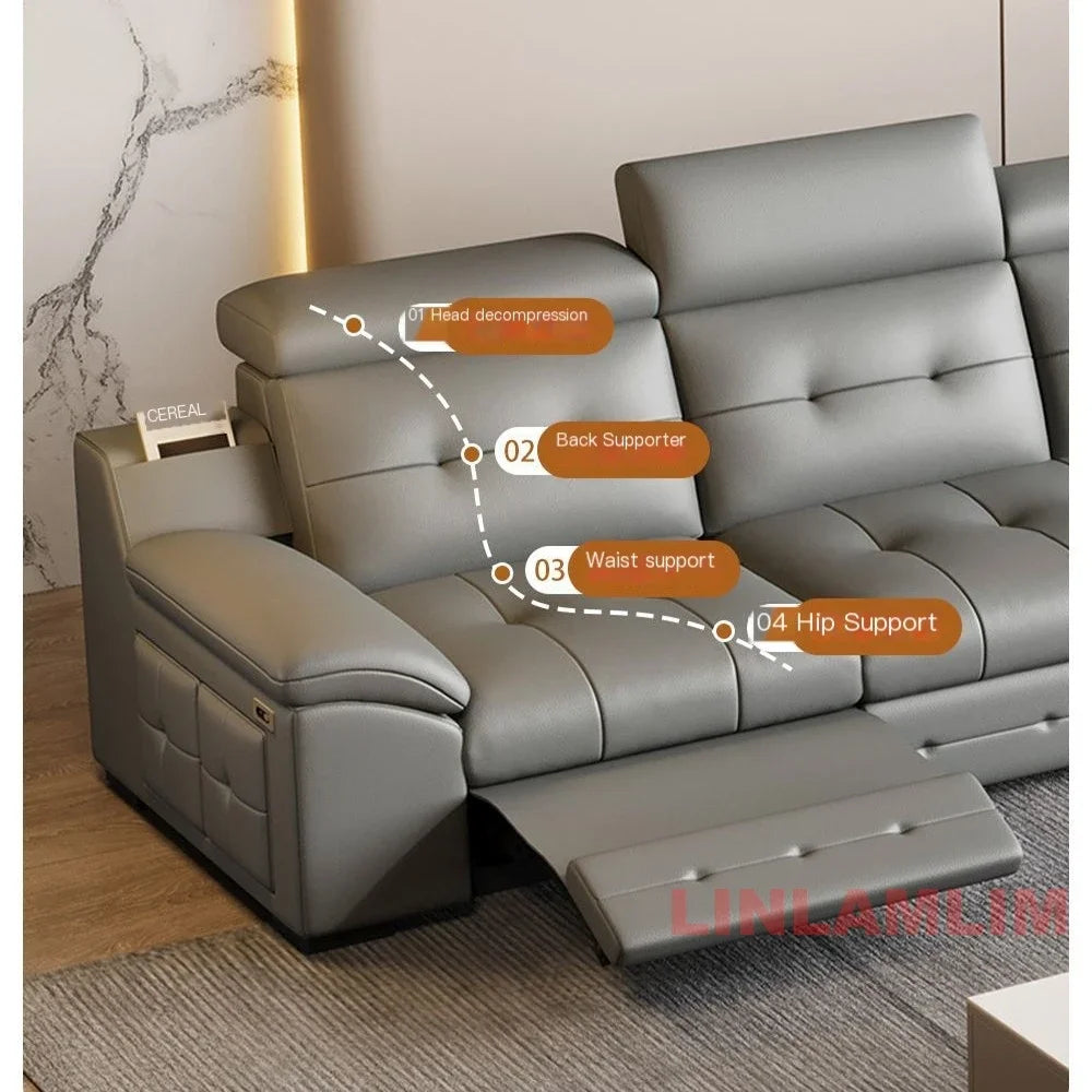 Electric Reclining Sectional Sofa Bed with Cup Holder & Adjustable Headrests – Italian Genuine Leather Convertible Sleeper Couch