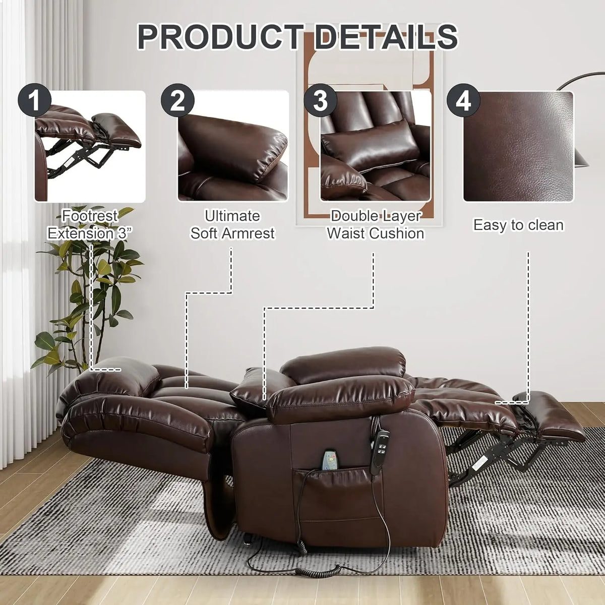 Large Genuine Leather Power Lift Recliner Chair for Elderly, Dual Motor with Massage and Heating,with Double Lumbar, Customized