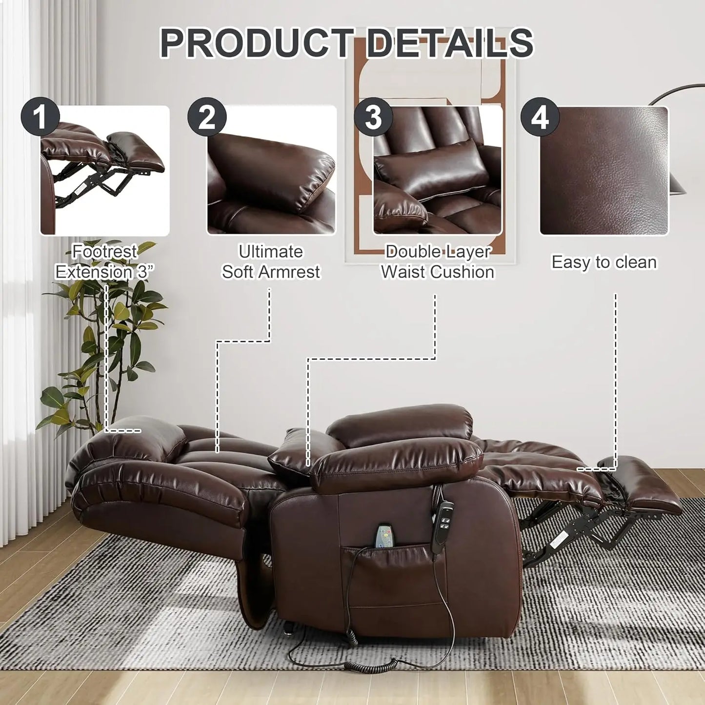 Large Genuine Leather Power Lift Recliner Chair for Elderly, Dual Motor with Massage and Heating,with Double Lumbar, Customized