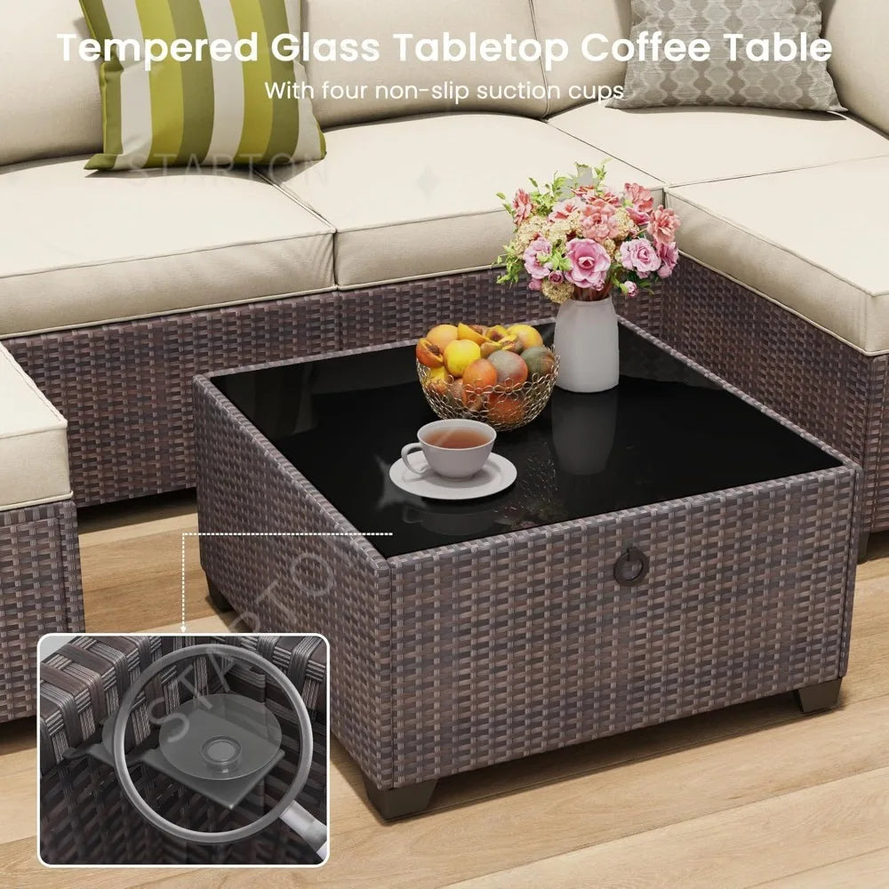 Seven Piece Patio Set, Rattan Wicker Sectional Sofa, Modern Modular Conversation Furniture