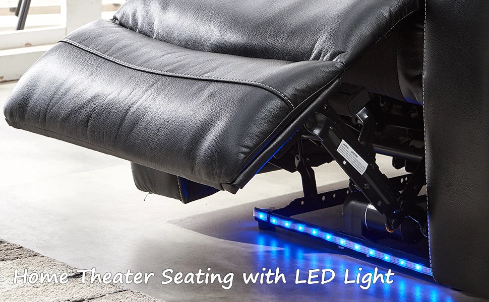 Power Recliner Chair With LED Light, USB Port, Cup Holder Tray Table Faux Leather Electric Reclining Chair Home Theater Seating