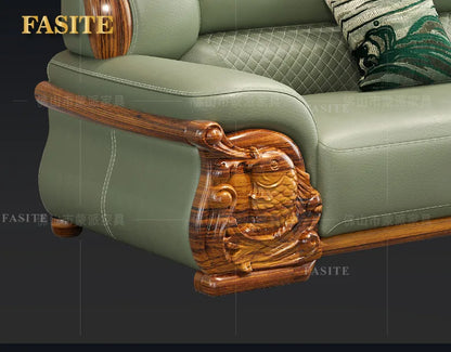 European ebony leather sofa large apartment luxury villa home living room new Chinese furniture solid wood carved fish