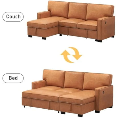 3-in-1 convertible sleeper sofa, faux leather modern l-shape couch, living room pull-out sectional futon bed