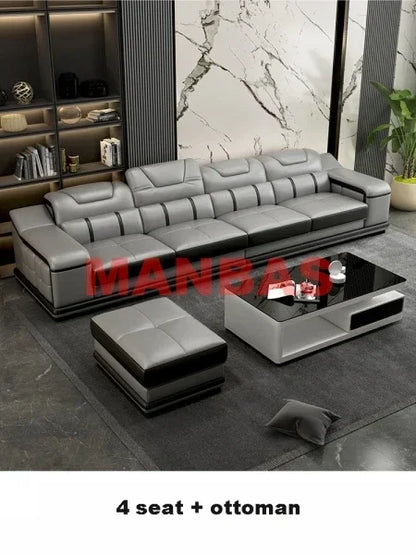 L-Shaped Modern Sectional Sofa Set with Chaise, Genuine Leather Reclining Couch with USB Charging Ports & Cup Holders, Couch Set
