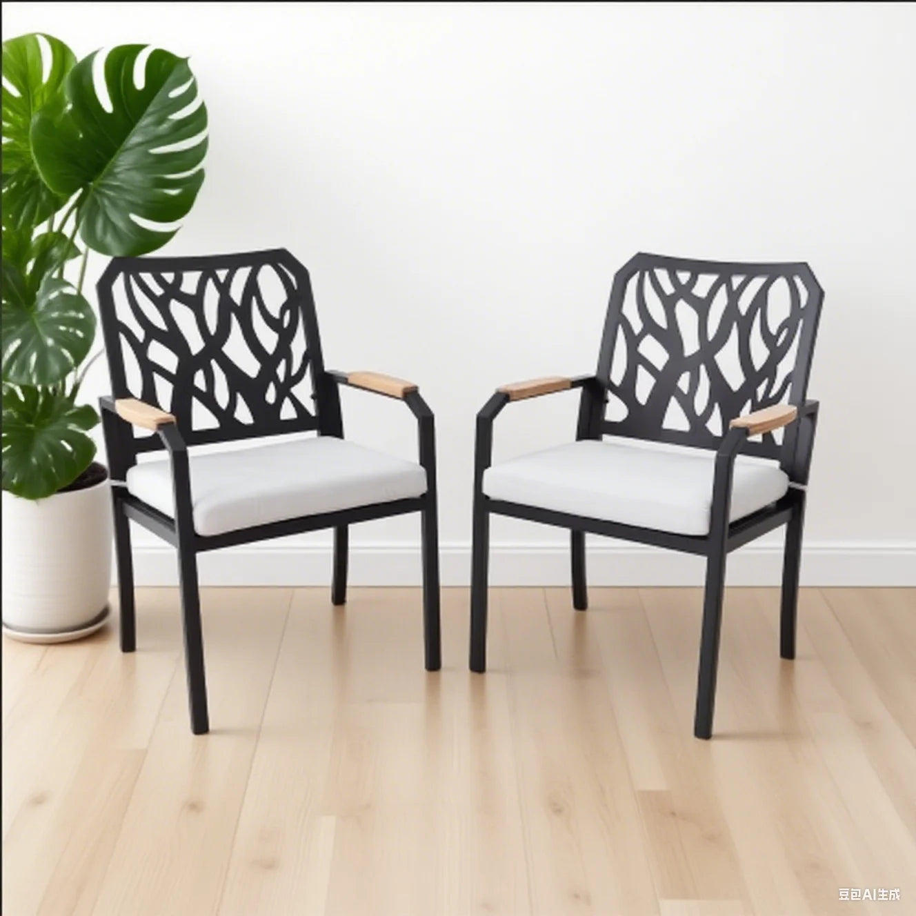 Outdoor Patio  Aluminum Stationary Dining Chairs 2PCS with Outdoor-grade  Fabric Cushions, Branch-Like Backrest
