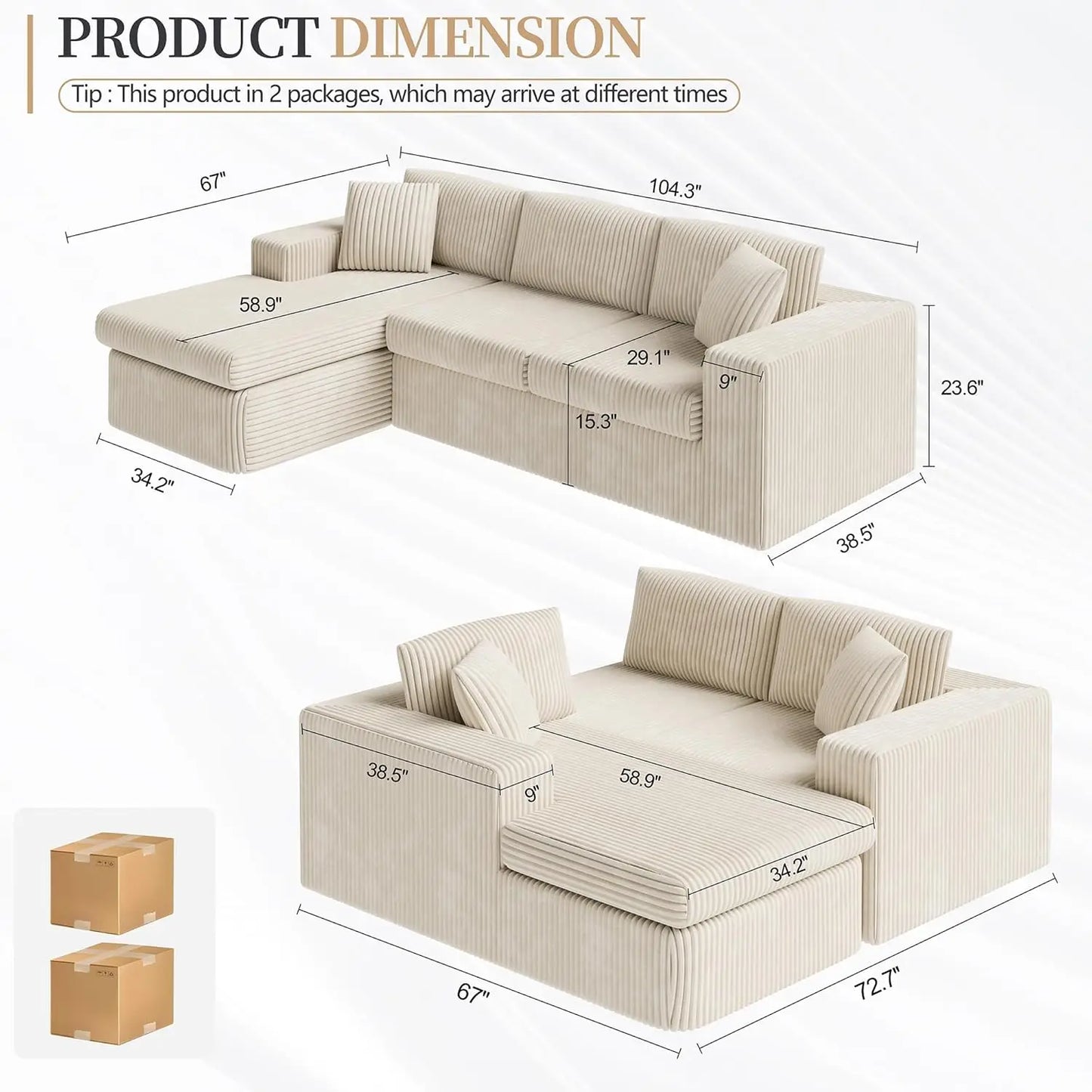105" Boneless Couches for Living Room, Sectional Couches Modular Sofa with L-Shaped Chaise, Memory Foam Comfy Cloud Couch