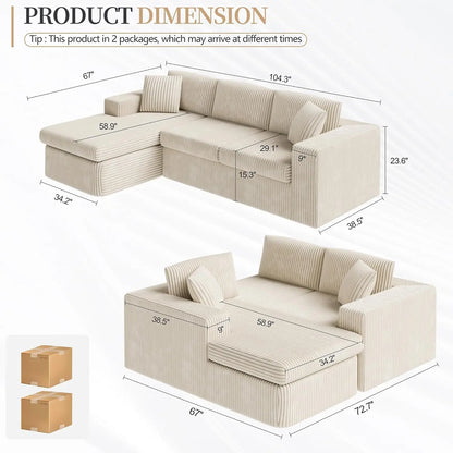 105" Boneless Couches for Living Room, Sectional Couches Modular Sofa with L-Shaped Chaise, Memory Foam Comfy Cloud Couch