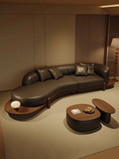 Log wind special-shaped corner sofa leather light luxury high-end sense Song-style aesthetics simple modern living room 2025 new