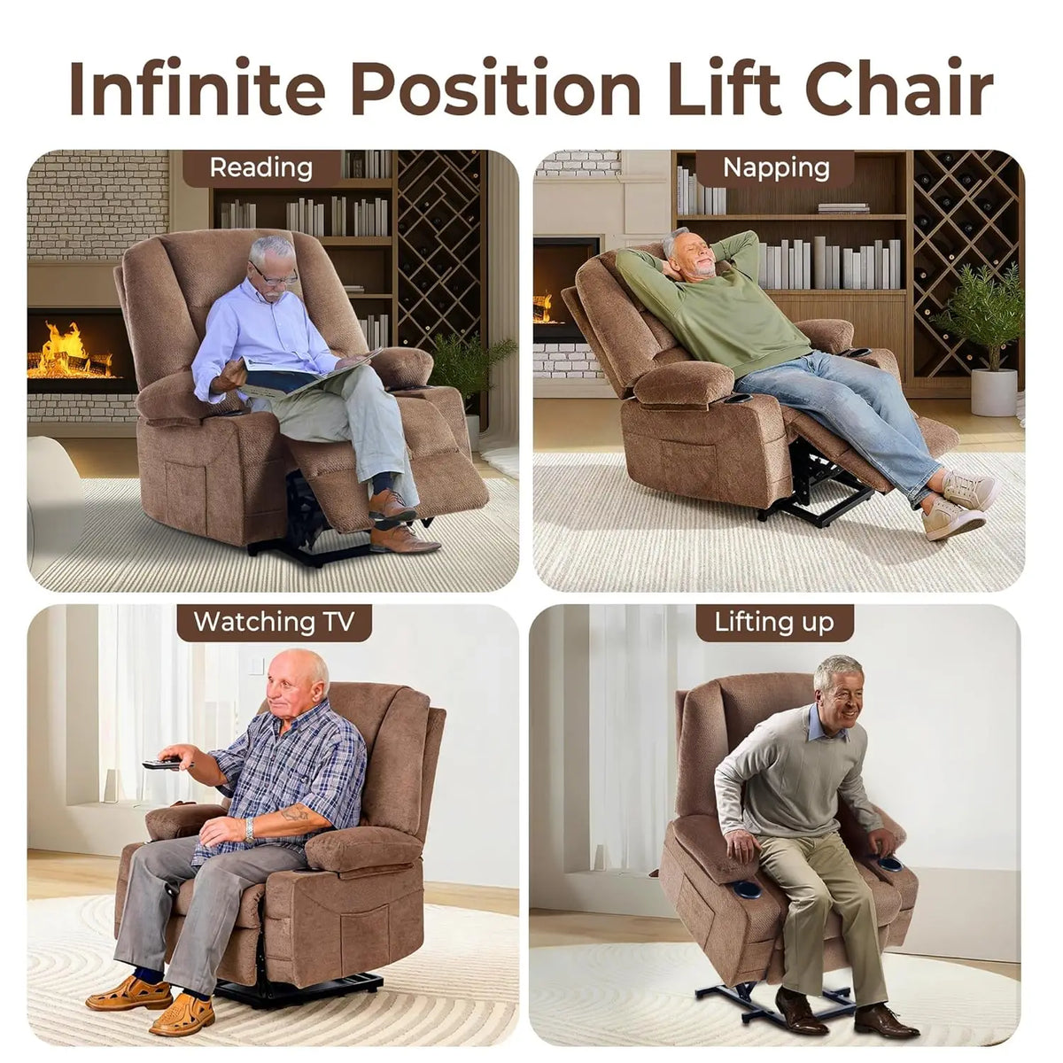 Manual Recliner Massage Heat Breathable Fabric 2 Cup Holders Side Pockets Overstuffed Living Room Brown Customized
