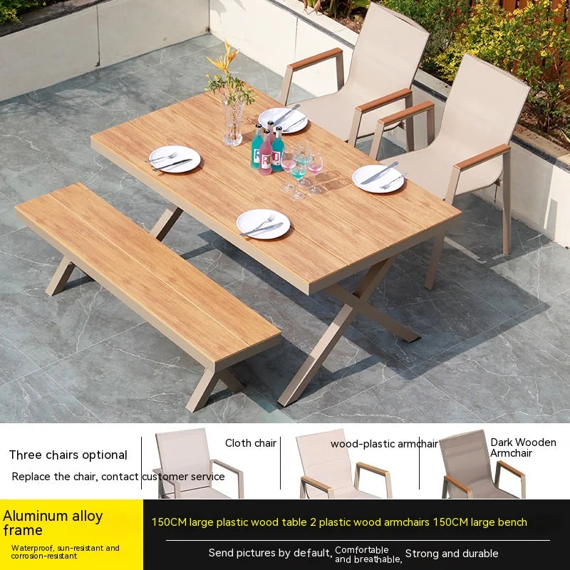 #Modern Outdoor Aluminum Chair Wood Metal Frame Villa Patio Garden Table Chair Set For Dining Courtyard Leisure