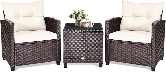 3 Piece Patio Furniture Set, Outdoor Conversation Set with Washable Cushions & Tempered Glass Tabletop, PE Rattan Wicker Bistro