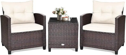 3 Piece Patio Furniture Set, Outdoor Conversation Set with Washable Cushions & Tempered Glass Tabletop, PE Rattan Wicker Bistro