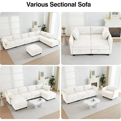 4 Seater Beige Modular Convertible L Shaped Sectional Sofa with Storage for Living Room or Office