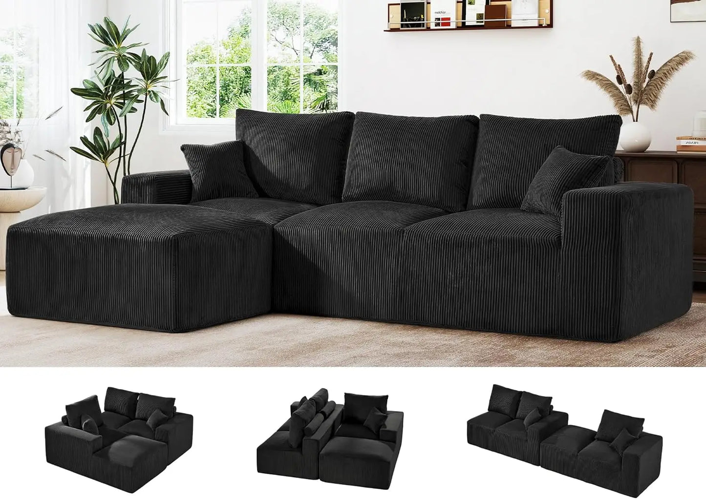 Modular Cloud Sectional Sofa, Comfort Height & Neck Pillow, Modern Corduroy Couch with L-Shape Oversized ChaiseCustomized
