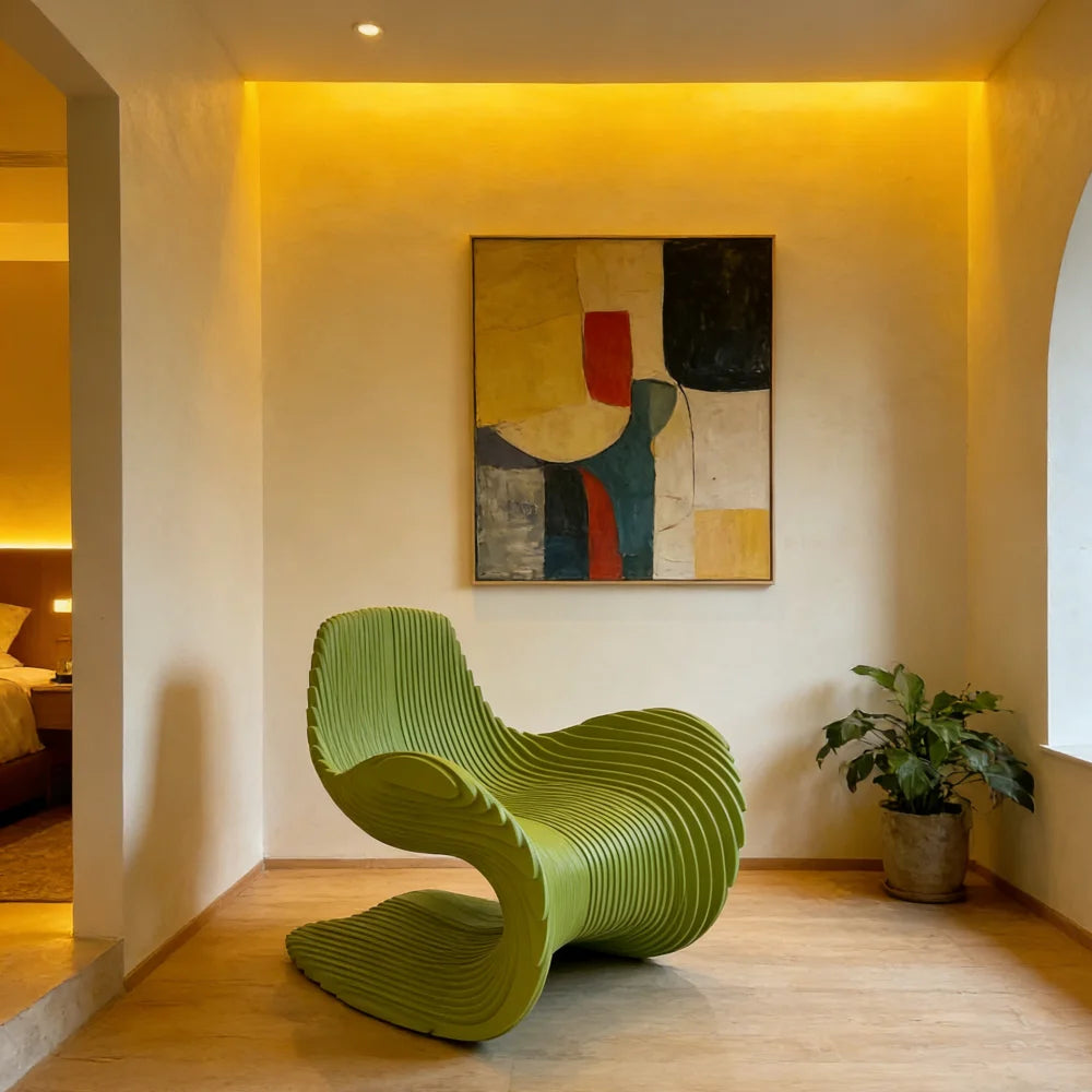 *Contemporary Wavy Solid Wood Slice Leisure Chair | Unique Irregular Accent Chair for Modern Living Room, Home Office & Patio