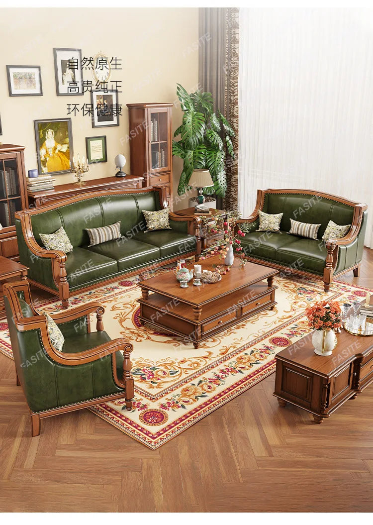 American leather sofa solid wood retro sofa 123 combination first layer cowhide living room villa