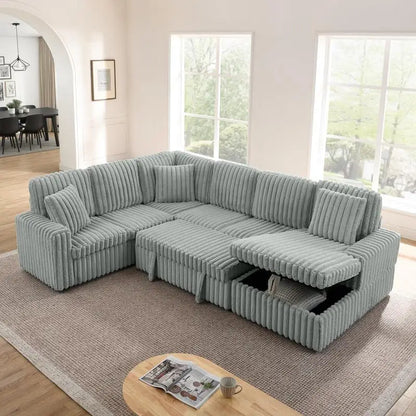 Grey Corduroy Striped Upholstered Sofa, Modern Minimalist U-shaped Sectional Sofa with Pull-out Bed & Storage Chaise, Soft and